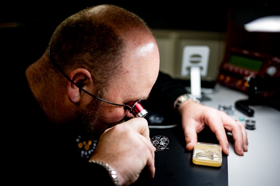 Skilled artisan closely inspects a watch mechanism using magnifying glass for precision